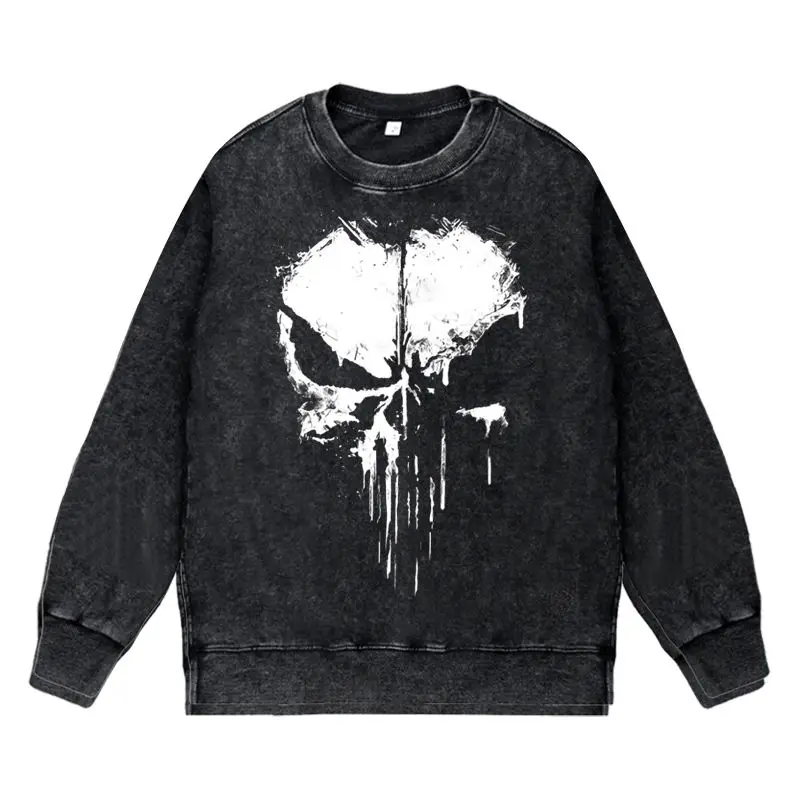 

American Retro Washed Vintage Vintage Autumn and Winter Round Neck Pullover Hoodie Marvel Punisher Skull