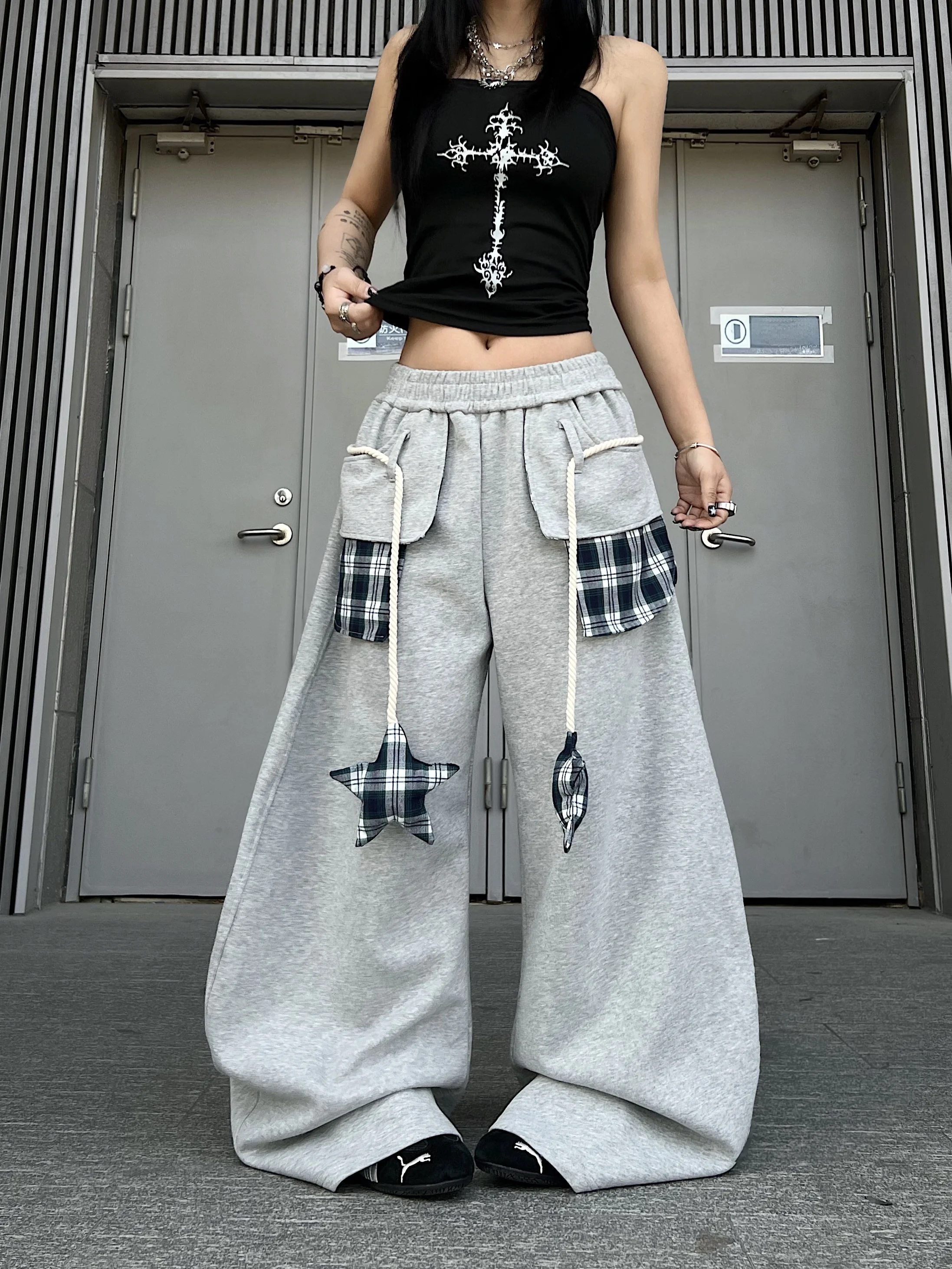 

Casual American Spliced Cheered Belted Wide Leg Pants Jazz Dance Sweatpants Loose Fit Straight Tube Casual Trousers