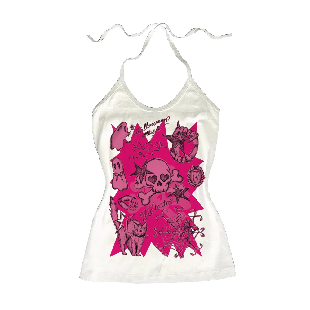 Y2K Pink Skull Ghost Cat Tattoo Print Women Long Sleeve T‑Shirt Halloween Aesthetic Ladies Tops