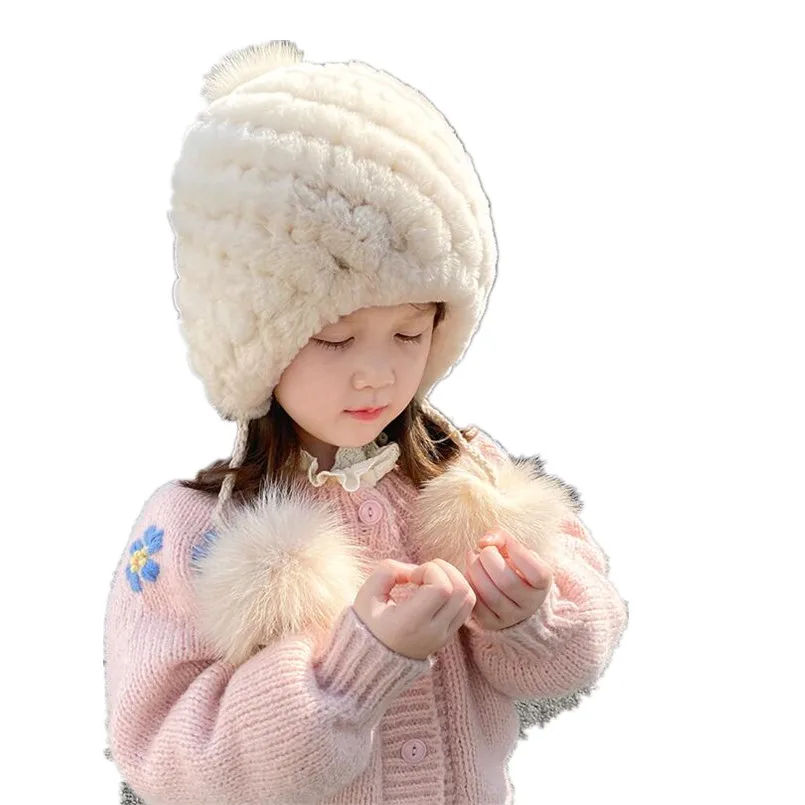 

Girls Winter Hats Cute Knit Hat of Real Rex Rabbit Fur Warm Fuzzy Snow Cap with Pompom