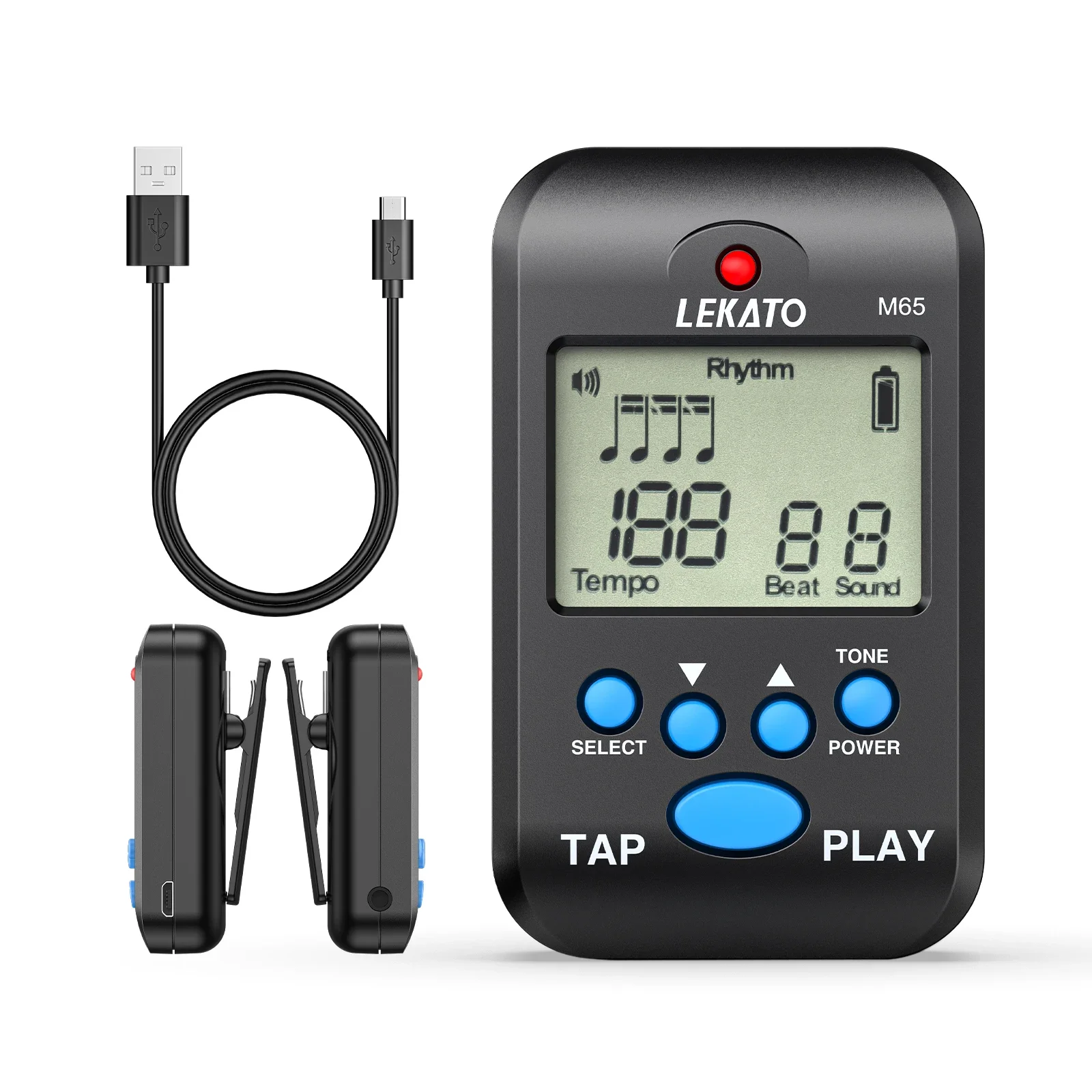 Teacher's Metronome Lekato M65 W/ Human Voice & 10 Beats Rechargeable Clip-On for Music Lessons(Piano/guitar/flute/violin)