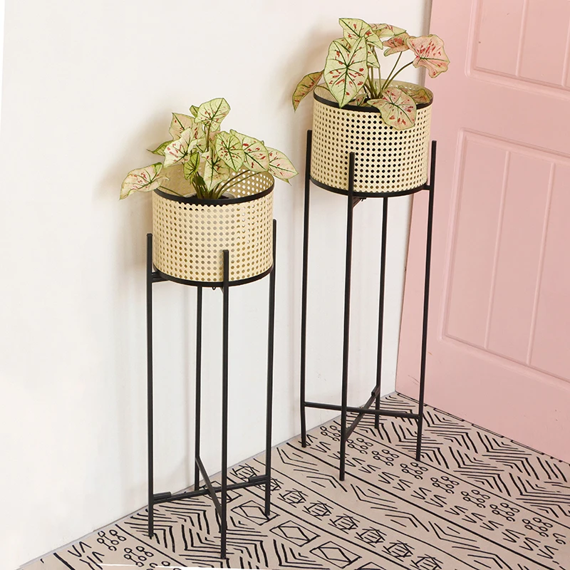 Minimalist Japanese style imitation rattan flower rack, living room, indoor balcony, flower pot rack, movable modern floor