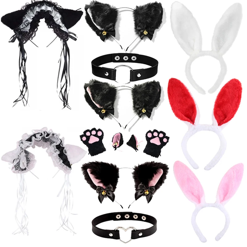 

Cat Ear Bow Headband Necklace Cat Claw Gloves Cosplay Plush Bell Hairband Girl Masquerade Gothic Lolita Maid Ruffles Headband
