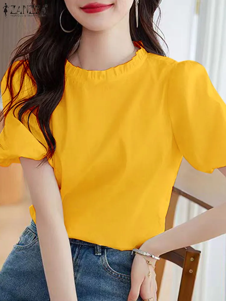 ZANZEA 2024 Summer Women Blouse Korean Fashion Puff Short Sleeve Tops Elegant Stand Ruffled Neck Tunic Sweety Loose Solid Blusas