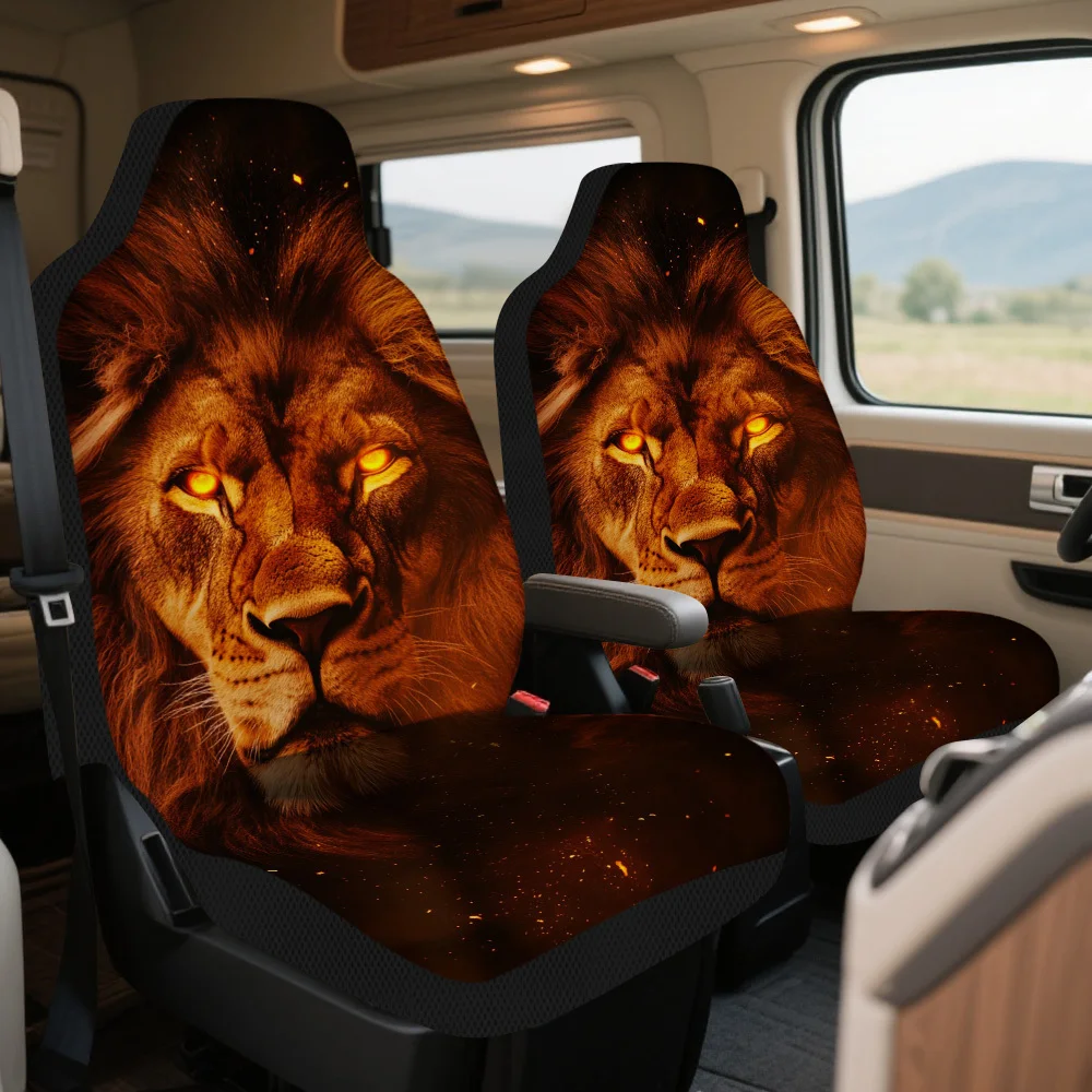 Set Of 2, Majestic Fiery Lion Themed Car Seat Covers – A Full Set For Front Seats, Universally Compatible With Most Vehicles, Pr