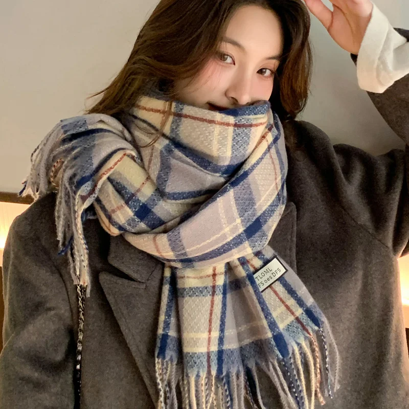 

Korean Style Autumn Winter Atmosphere Retro Warm Scarf Imitation Cashmere Plaid Neck Warmer Winter New Versatile Student Korean