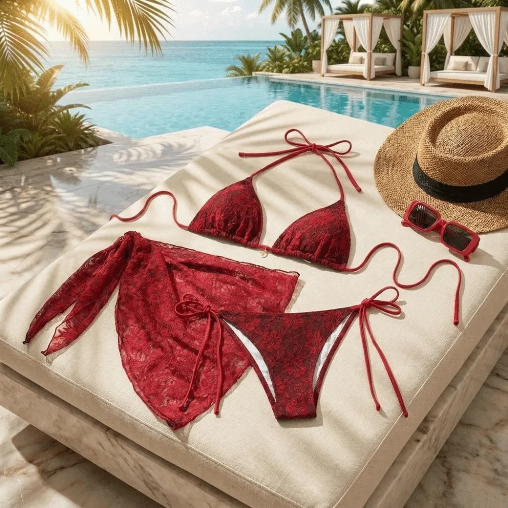 Beach Halter Sexy Brazilian Bikini Set Mesh Cover Skirt Three-Piece Swimwear Nylon Red Lace Bikinis Holiday Wear