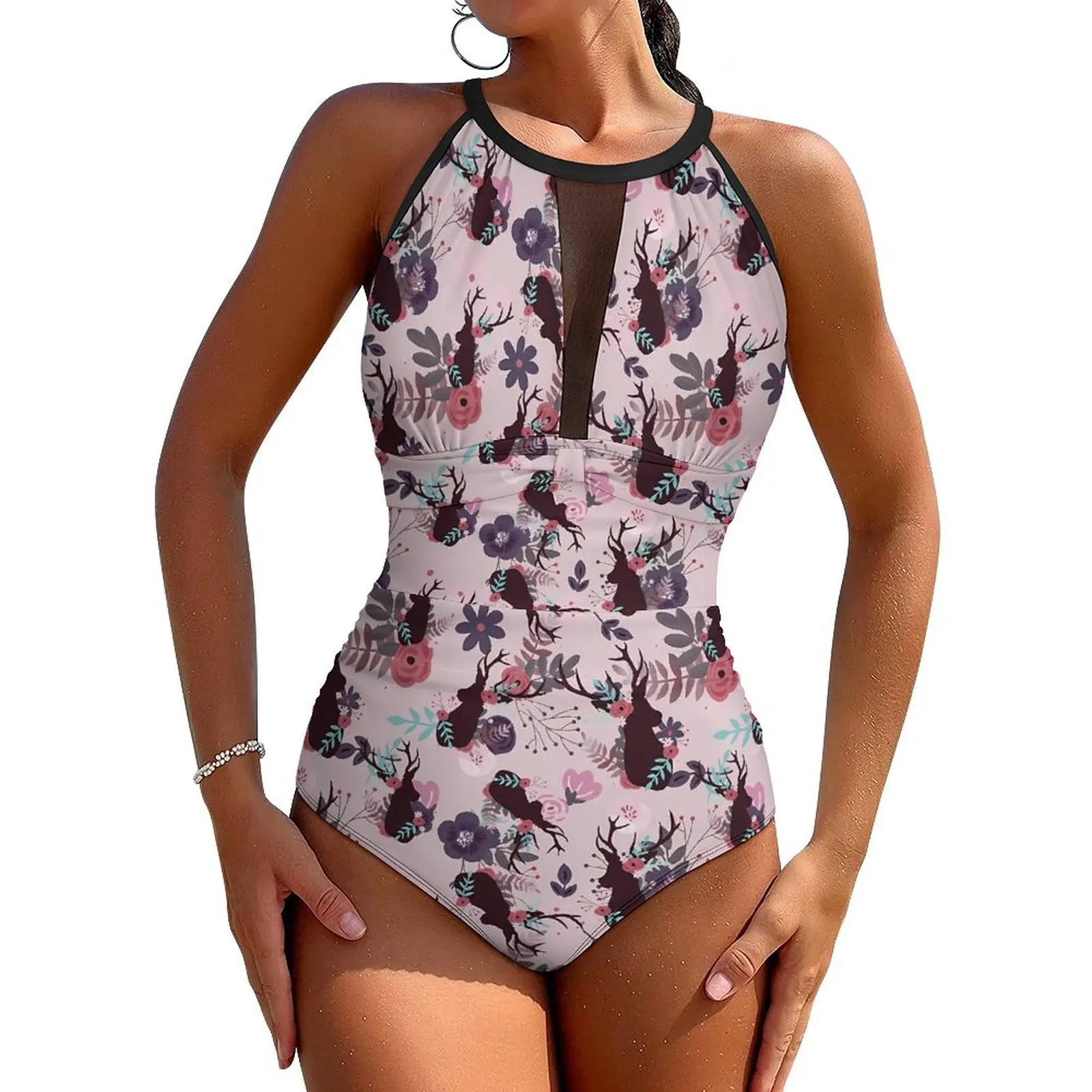 Rustic Deer Head Swimsuit Pink Floral Trendy One Piece Swimwear Push Up Modern Bathing Suits Sexy Beach Printed Beach Wear