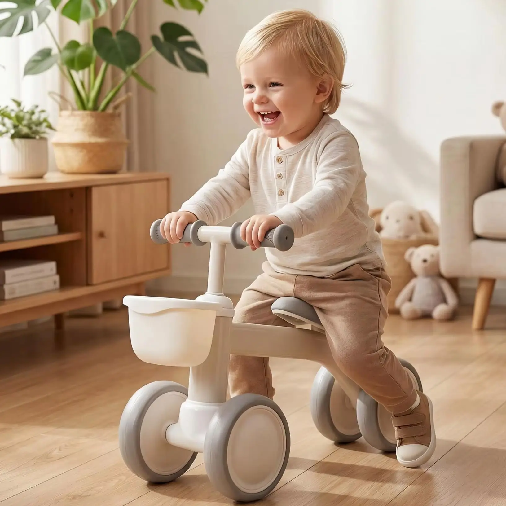 Lightweight 4-Wheel Toddler Balance Tricycle – No Pedal Ride-On Toy with Adjustable Seat & Removable Basket – Safe First Bike for Boys & Girls, Supports up to 55 lbs
