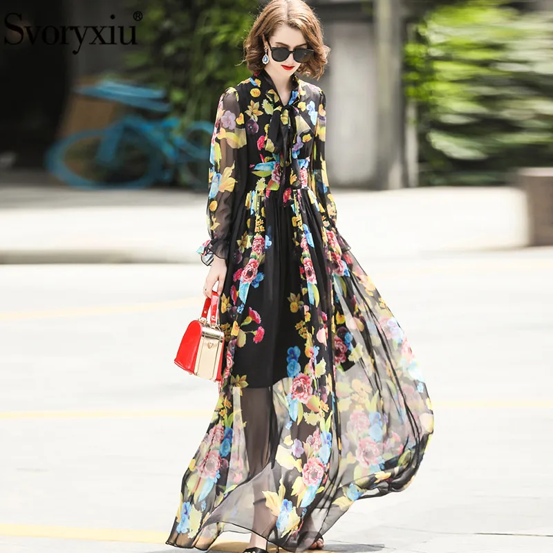 

Svoryxiu Runway Elegant Summer Maxi Long Dress Women's Long Sleeve Floral Print Chiffon Custom Big Size Bohemian Maxi Dress