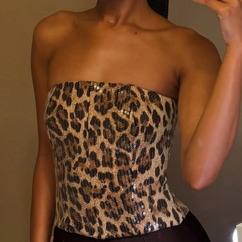 Sexy Strapless Leopard Print Beads Sequined Vest Chest Wrap Zipper Sexy Top Women Y2k Crop Top