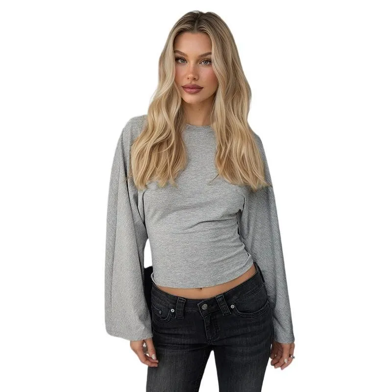 Round Neck Long Sleeve Top Loose Fit Casual with Seamless Construction for Women Spring Top Party Beach Travel Long Skirt