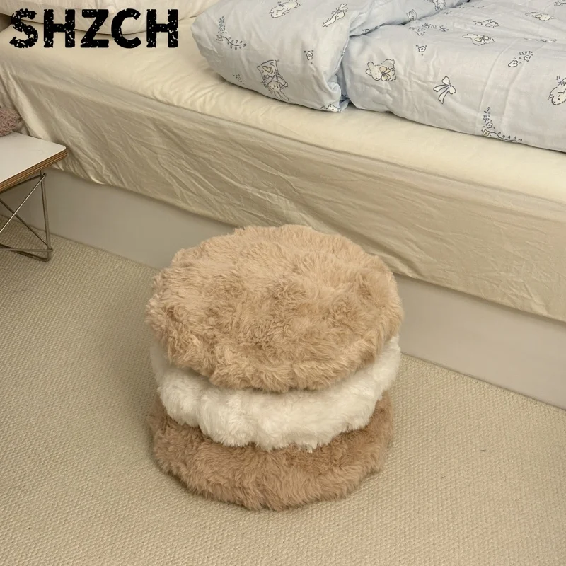 Brown Plush Ottoman Soft Shoe Changing Stool Cream Style Makeup Removable Washable Small round Stool for Entryway