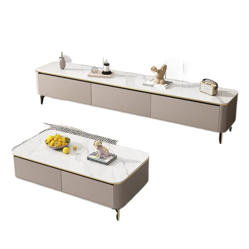

Modern rock slab TV cabinet coffee table combination solid wood all solid wood small apartment modern simple TV cabinet light