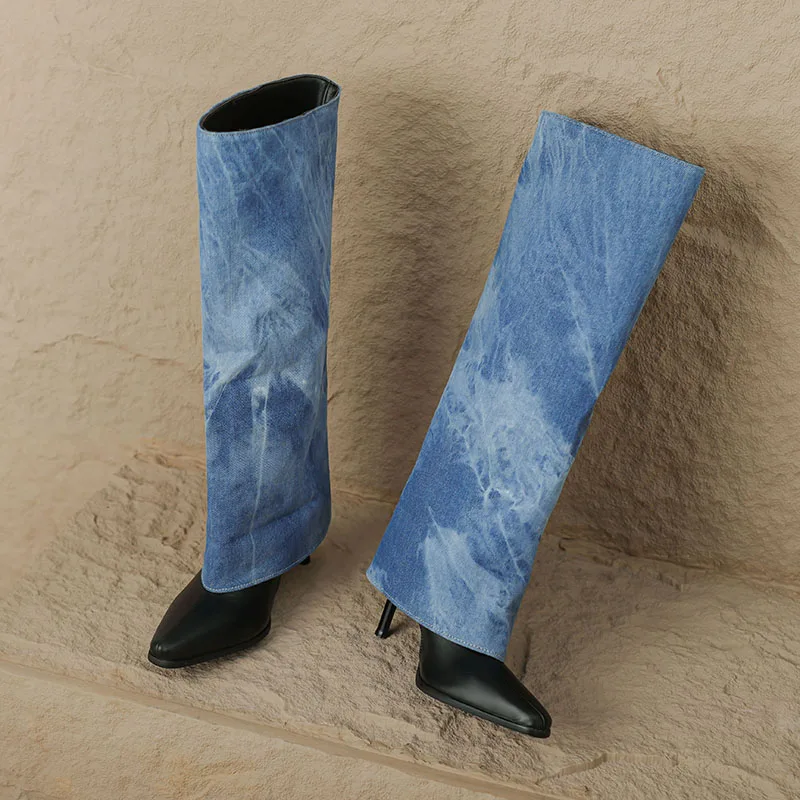 Kcenid Fashion Shoes Woman Autumn Winter Light Blue Women Knee High Boots Pointed Toe Thin High Heels Mixed Colors Long Boots