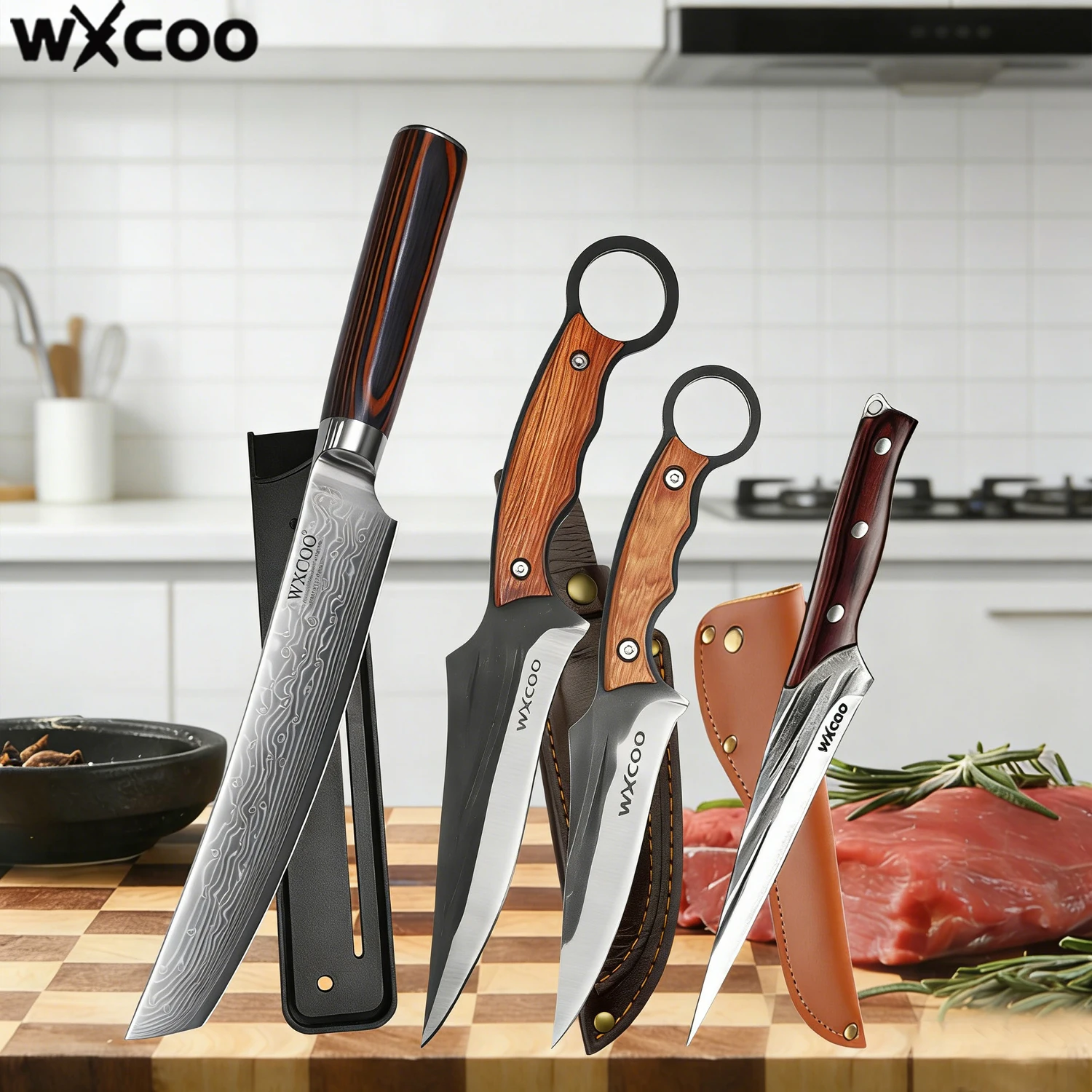 WXCOO Damaszener Stahl Kochmesser Fleisch- und Obstschneidemesser Scharfes Handgeschmiedetes Metzger- und Grillmesser Küchenzubehör