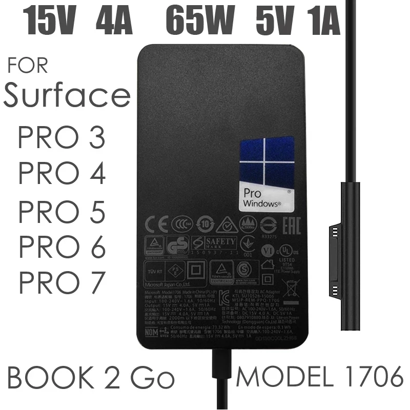 

New 15V 4A 65W For Microsoft surface book pro3 pro4 pro 5 pro 6 pro7 power adapter 1706 charger fast charge with 5V 1A