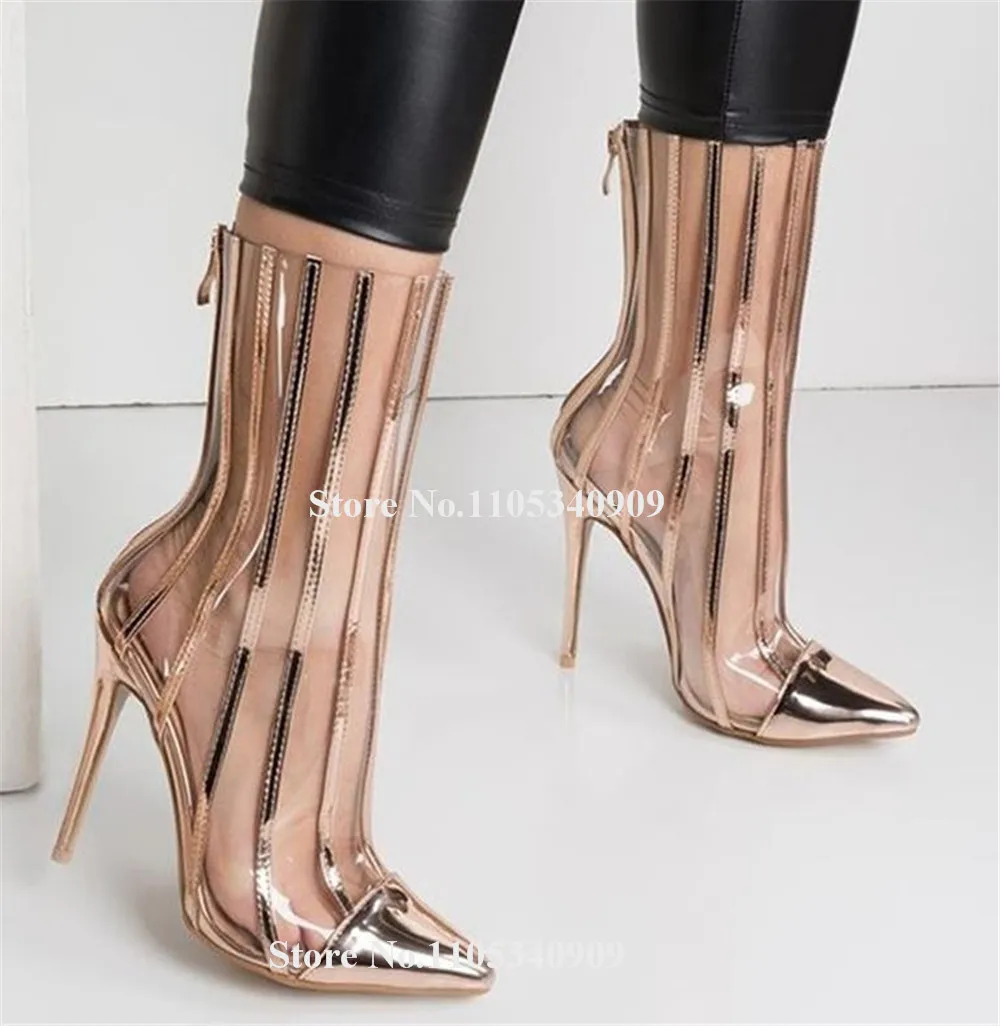 

Bondarenko PVC Patchwork Gold Black Stripes Stiletto Heel Dance Shoes Pointed Toe Transparent Thin Heel Dress Short Boots