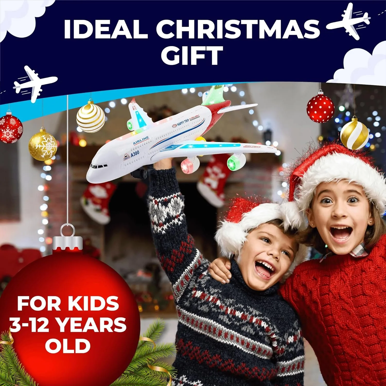 Bump and Go Action، طائرة لعبة للأطفال الصغار مزودة بأضواء وأصوات وامضة LED. مثالية للأولاد والبنات من عمر 3 إلى 12 سنة (إيرباص A380)