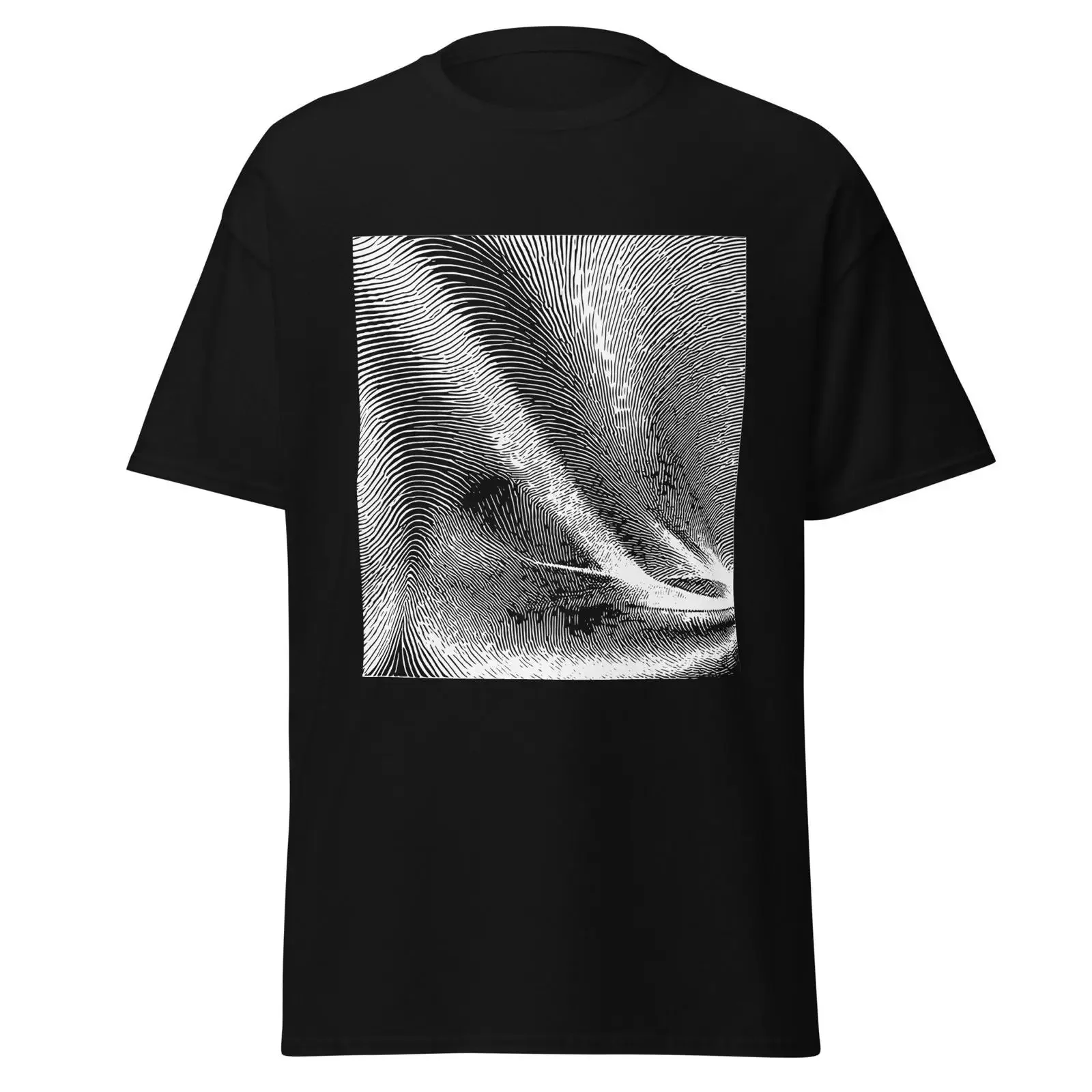 Abstract Flow Generative Art T Shirt Black White Parametric 2D Geometry Minimalist Wavy Line  vintage Washed Soft Breathable