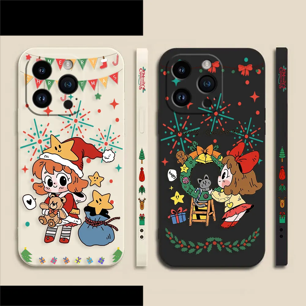 Phone Case For iPhone 14 13 12 11 Pro XS Max Mini X XR SE 7 8 6 6S Plus Colour Liquid Case Funda Shell Capa Merry Christmas Girl