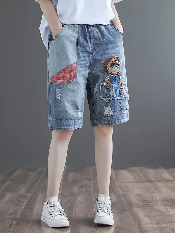 Retro Artistic Embroidery Summer Denim Five-Point Pants Women's Patchwork Loose Straight Thin High Waist Hot Pants