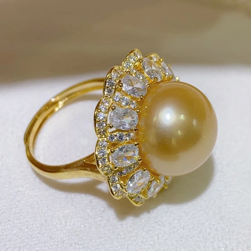 

SGARIT Authentic Round 13-14mm South Sea Golden Pearl Ring For Women 925 Sterling Silver Adjustable Open Band Fine Jewelry