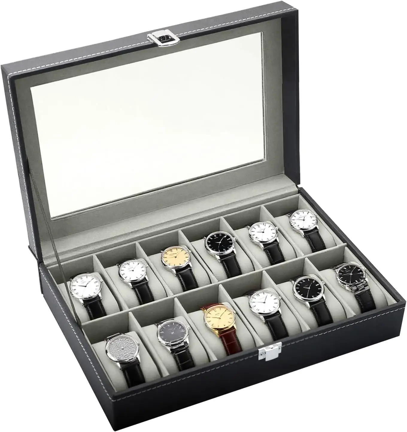 

12 Slot Watch Box Organizer with Glass Lid for Display and Storage, PU Leather Case with Removable Cushions for Men Women