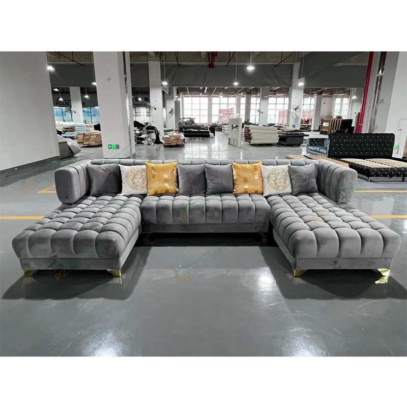 # European Style Corner U Shaped Couches Living Room Sofa Light Gray Up-holstered Sofa Set Furniture for Wholesale