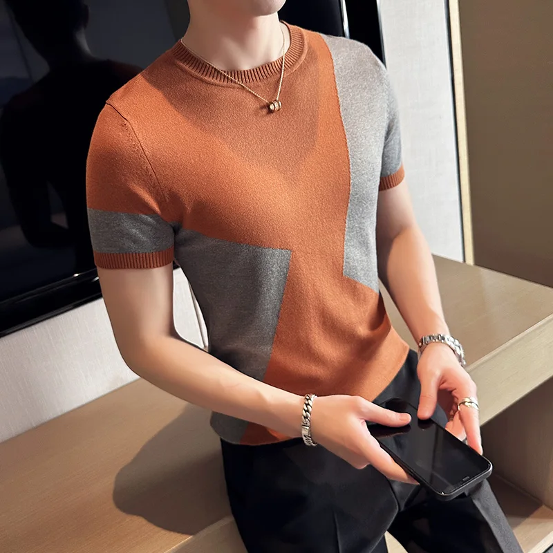 

2024 Summer New Slim Fit Round Neck Colored Jacquard Knitted T-shirt Korean Men Casual Breathable Elasticity Tee Shirt Top 3XL-M