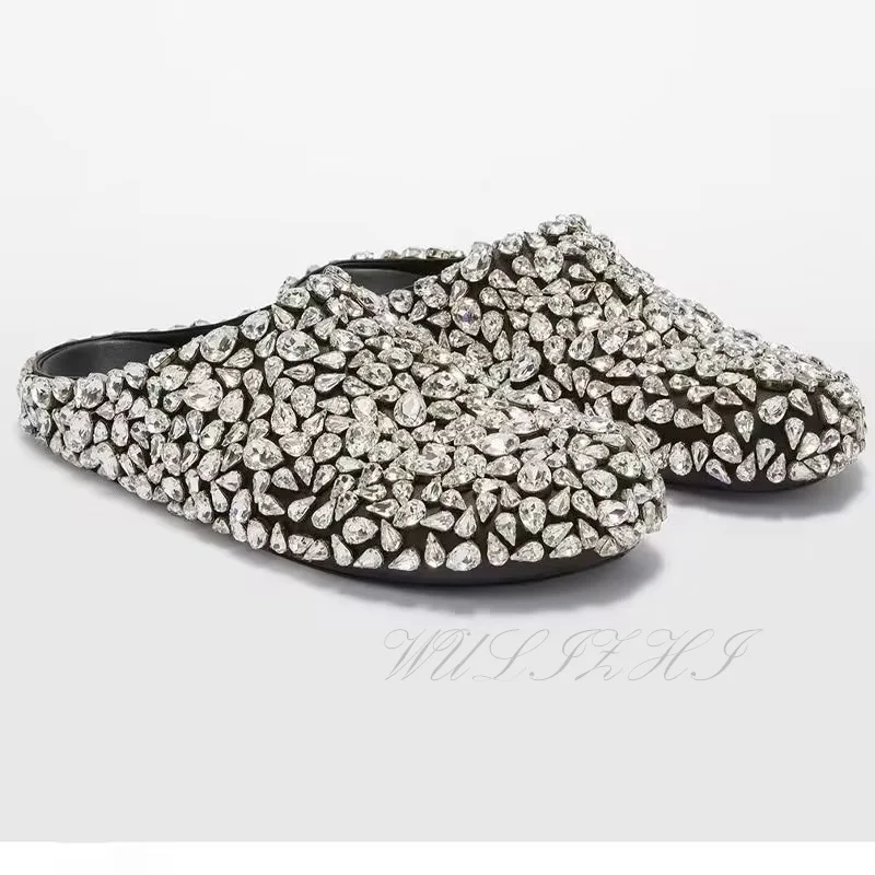 Silver Big Diamond Round Toe Flat Slipper Women Bling Cover Mules Black Leather Sole Fashion Crystal Glitter Fashion Casual Shoe