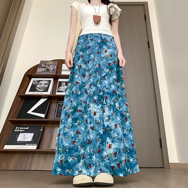 Blue Floral Print Chiffon Straight Midi Skirt Long Beach Vacation Fairy Skirt High Waist Slim Fit Summer Season Embroidery De...