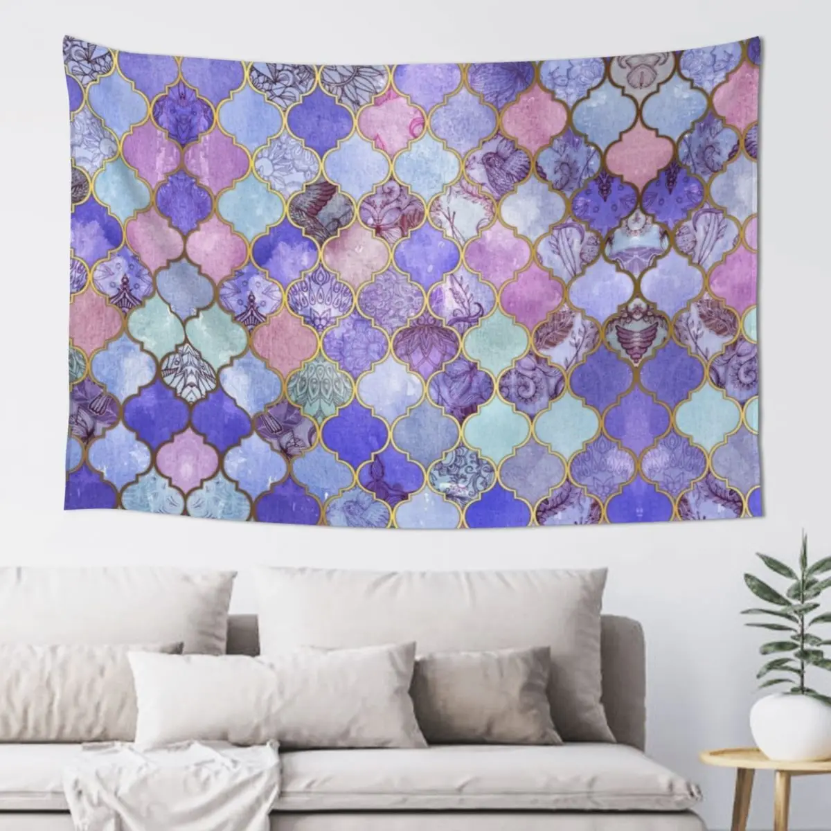 

Royal Purple, Mauve & Indigo Decorative Moroccan Tile Pattern Tapestry Carpet Wall Tapestry