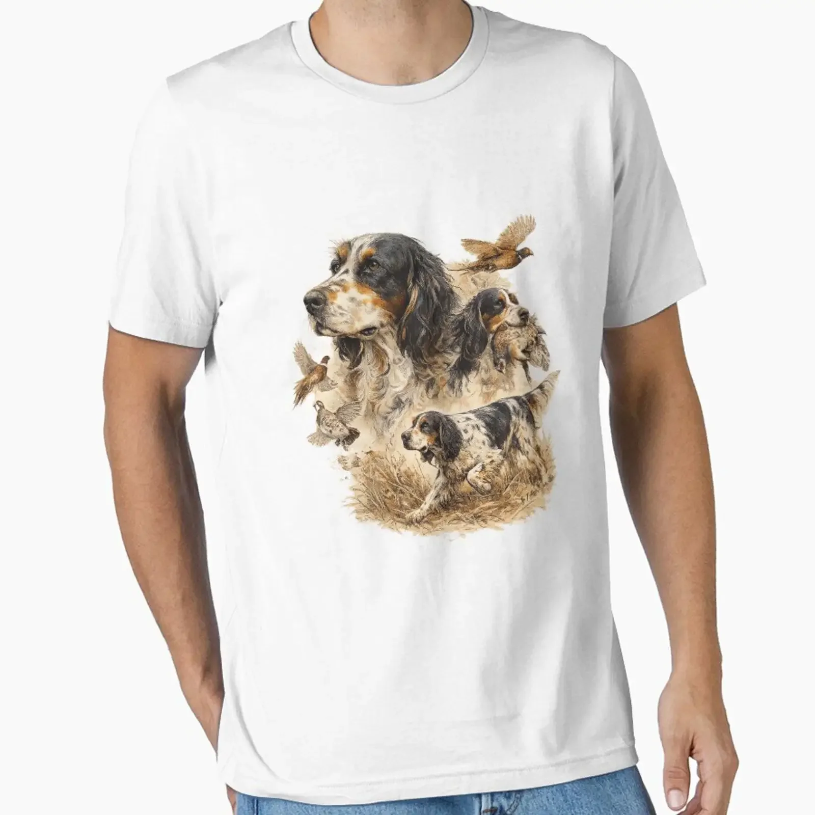 Camiseta con ilustración de perro de caza inglés Setter, diseño elegante, estilo vintage, cómoda, versátil, ropa de diseñador