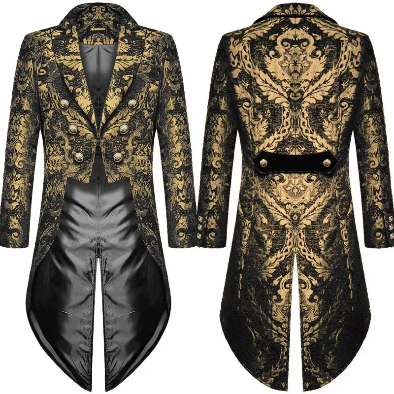 New Men Gothic Steampunk Trench Coat Vintage Jacquard Wedding Formal Tuxedo Jacket Medieval Victorian Party Cosplay Outerwear