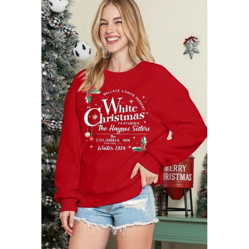 Red women's Christmas gift sportswear holiday letter funny round neck printed pullover sweater