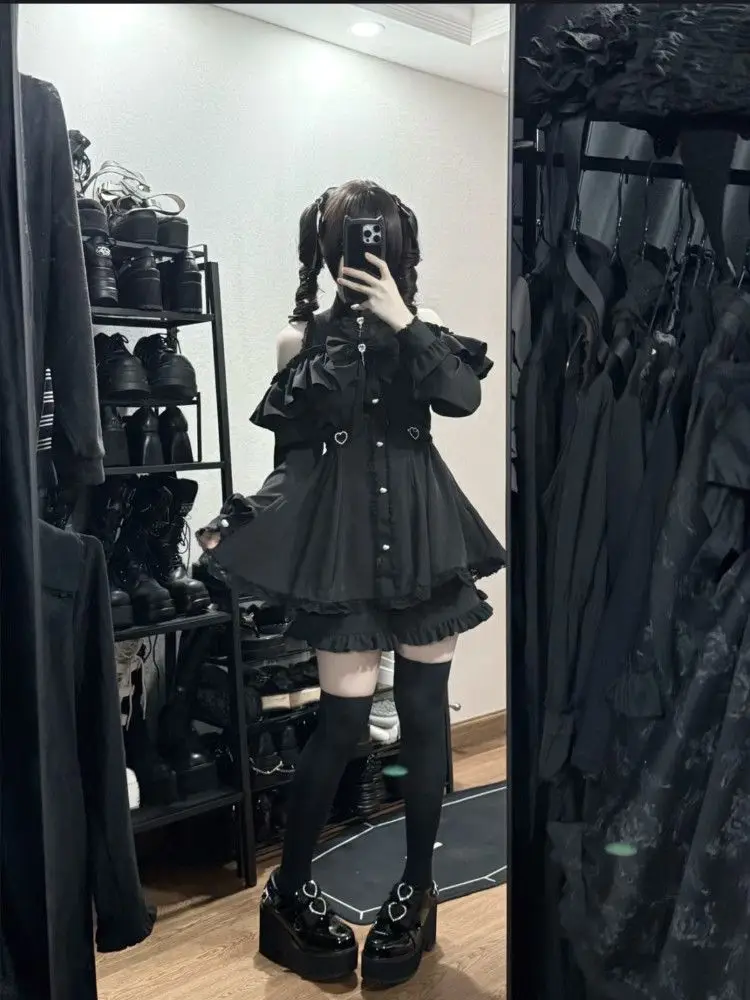 Grunge Ruffled Shorts Female Jk Suit Y2k Aesthetic Two Piece Sets Lolita Outfits Stand Neck Off-the-shoulder Harajuku Blouses