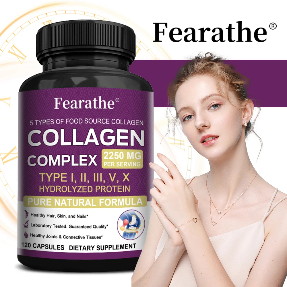 

Multi-Collagen Complex Fearathe — типы I, II, III, V, X, для здоровых волос, кожи, ногтей, костей и пищеварительной системы