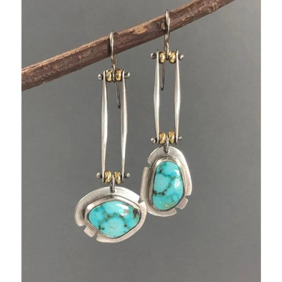 

Asymmetric Turquoise Natural Gemstone Long Color Separation Earrings For Women