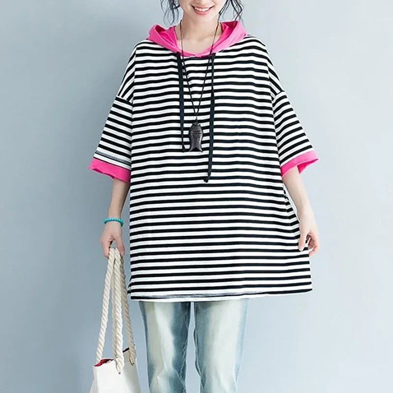Novedad de verano, camisetas de gran tamaño que combinan con todo, sudaderas informales a la moda, sudaderas con capucha holgadas y empalmadas a rayas, ropa de mujer 2025