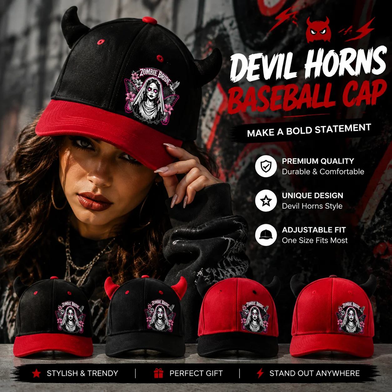 1PC Zombie Bride Devil Horn Baseball Cap, Halloween Gothic Flat Brim Hat with Red Demon Horns