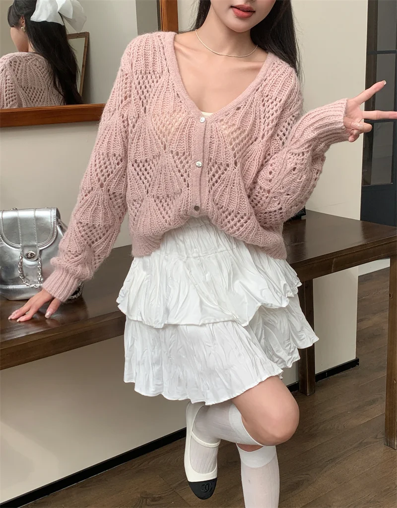 Wool solid color early spring new style western-style hollow button loose V-neck Korean version knitted cardigan jacket sweater
