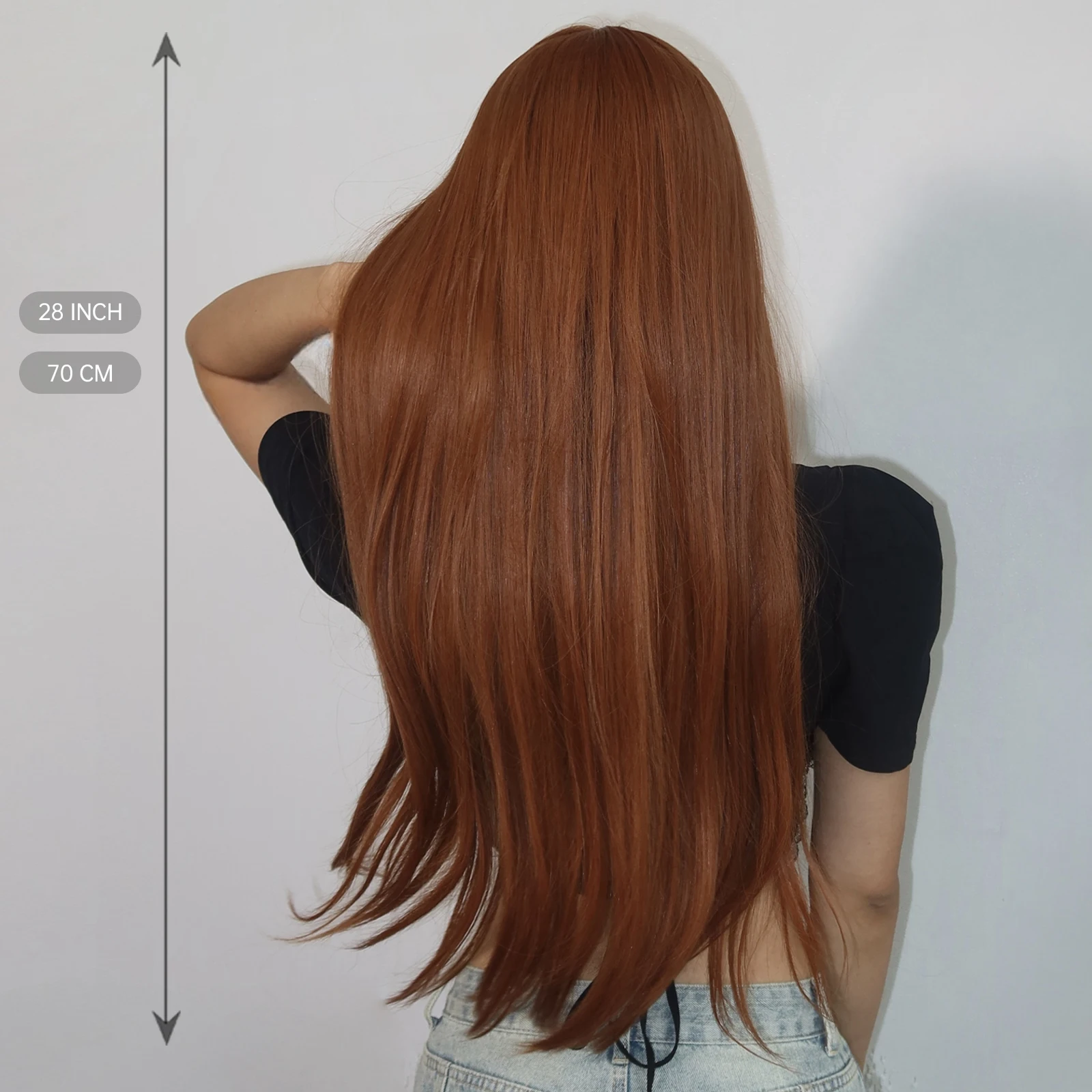 Straight Long Hair Dark Ginger Cosplay Synthetic Natural Hairline Wig for Women 26inch Auburn Middle Part Wigs for Daily Party