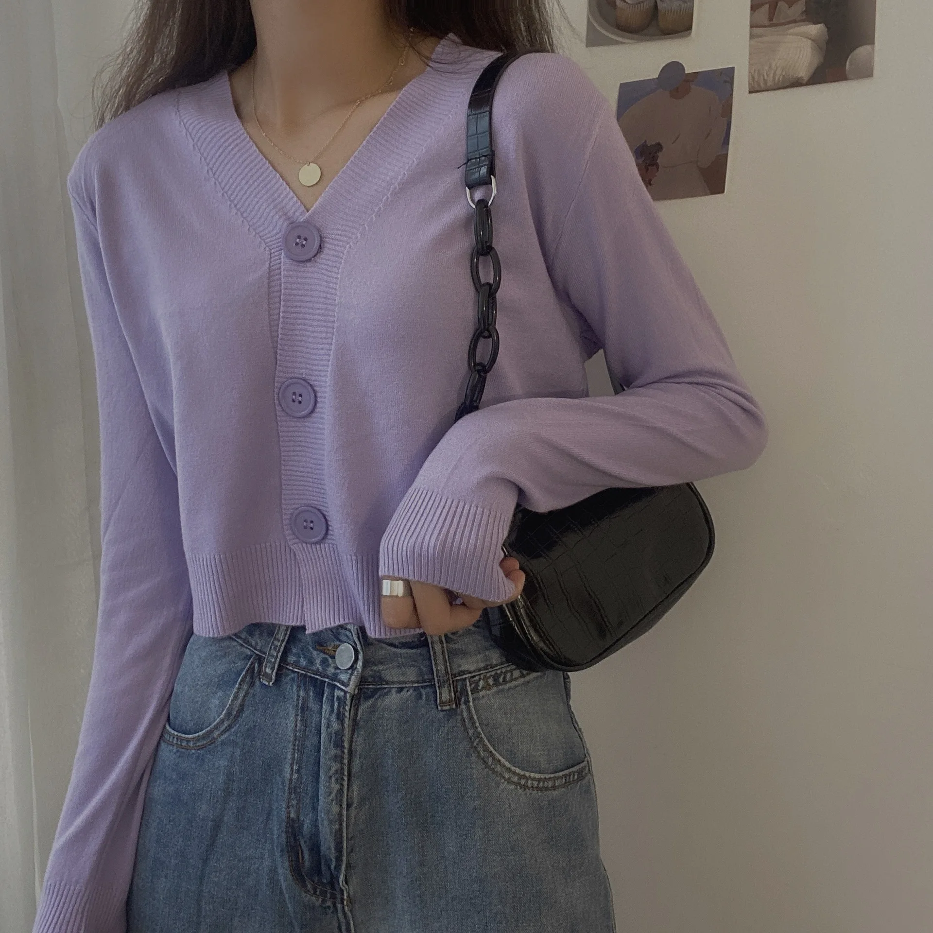 Women's Fall Winter Outer Solid Color Cardigan Long-sleeved Short Knitted Tops Ladies Button V-neck Pullover Sweater 2025