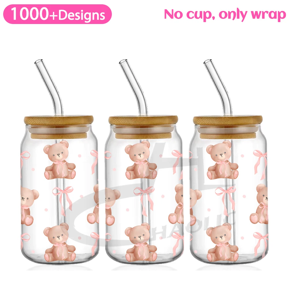 Autocollant de tasse UV DTF avec nœuds flottants roses, ronds pour verre à bière étiez bey de 16oz, rubans d\'amour, mignon, tasse Girly, design rond