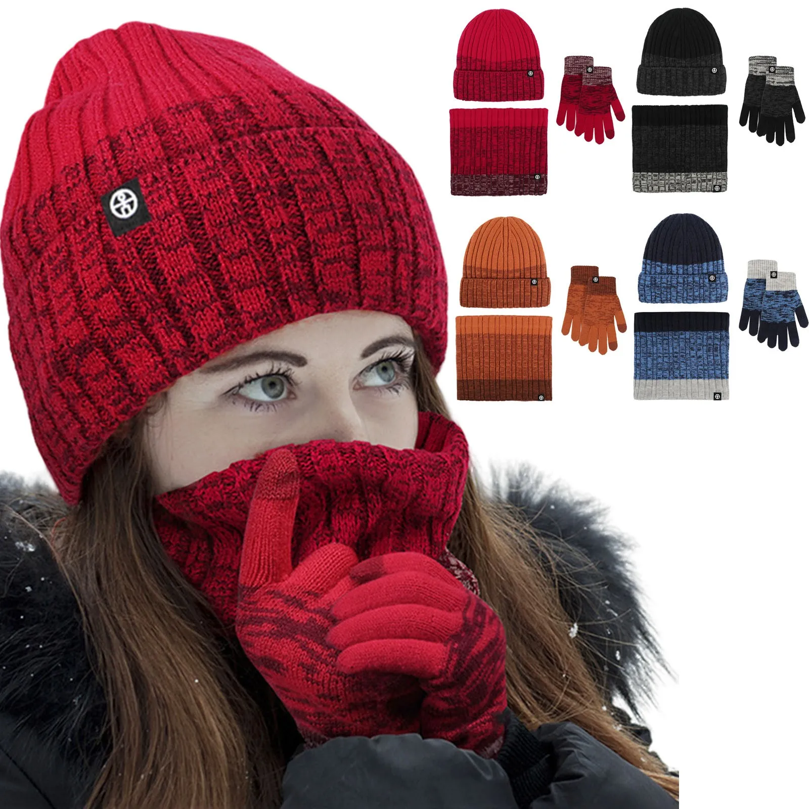 

3pcs Winter Hat Gloves Set for Men Women Beanies Thick Double Layer Gradient Ramp Red Blue Black Winter Cap Set Unisex