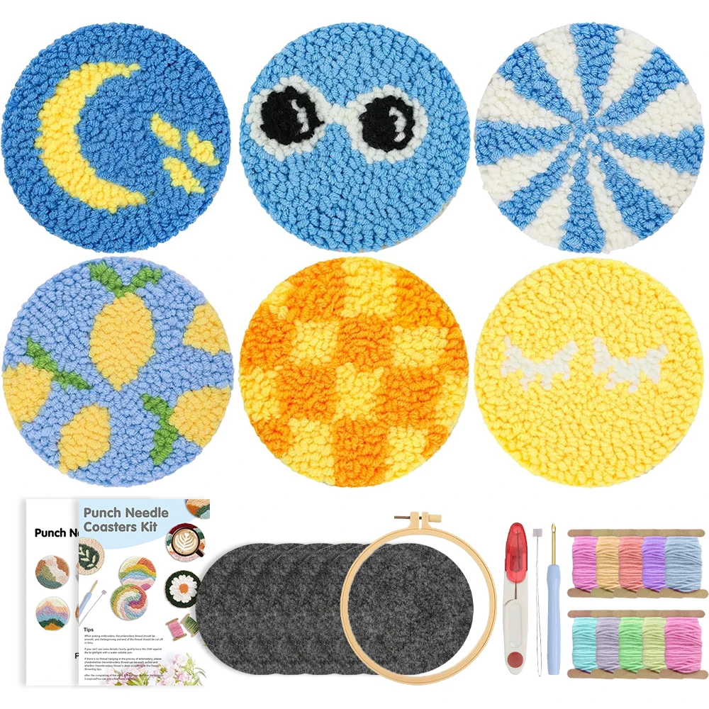 

Punch Needle Coasters Kit for Beginners and Adults Including Summer Designs Patterns, Tools, Yarns, Hoop, Instruction DIY Art
