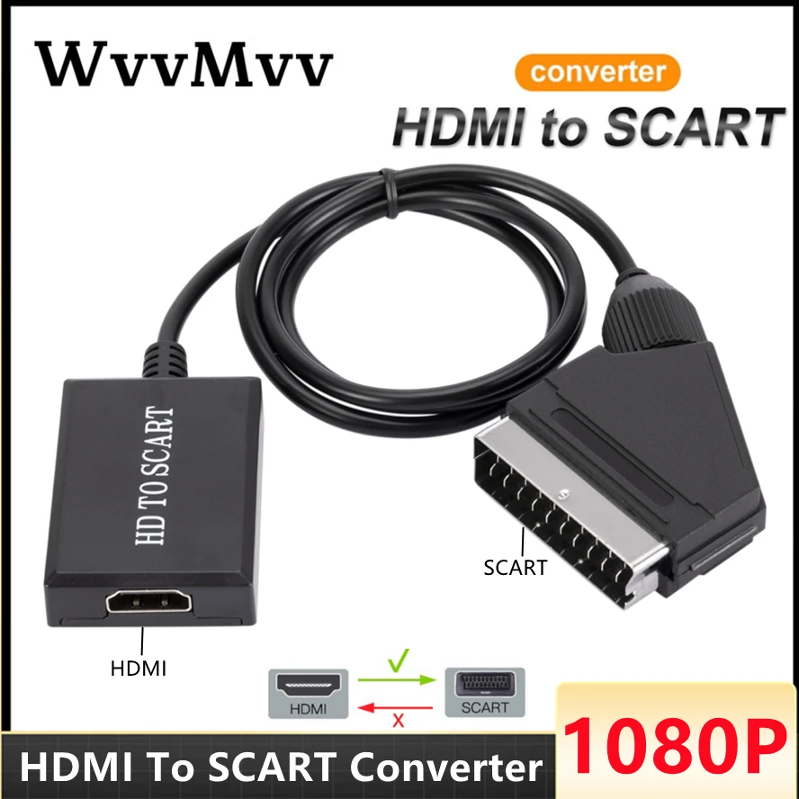 HDMI-compatible to SCART 1080P  Video Audio Upscale Converter Adapter for HD TV DVD for Sky Box STB Plug and Play DC Cable