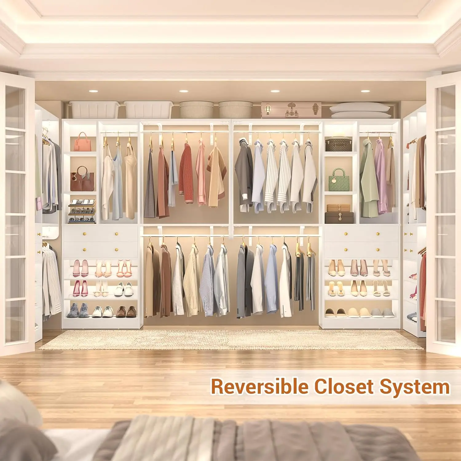 Closet System - 5FT Closet System with Drawers, 60" Closet Organizer System with 2 Hanging Shelving, Reversible Wall-mount