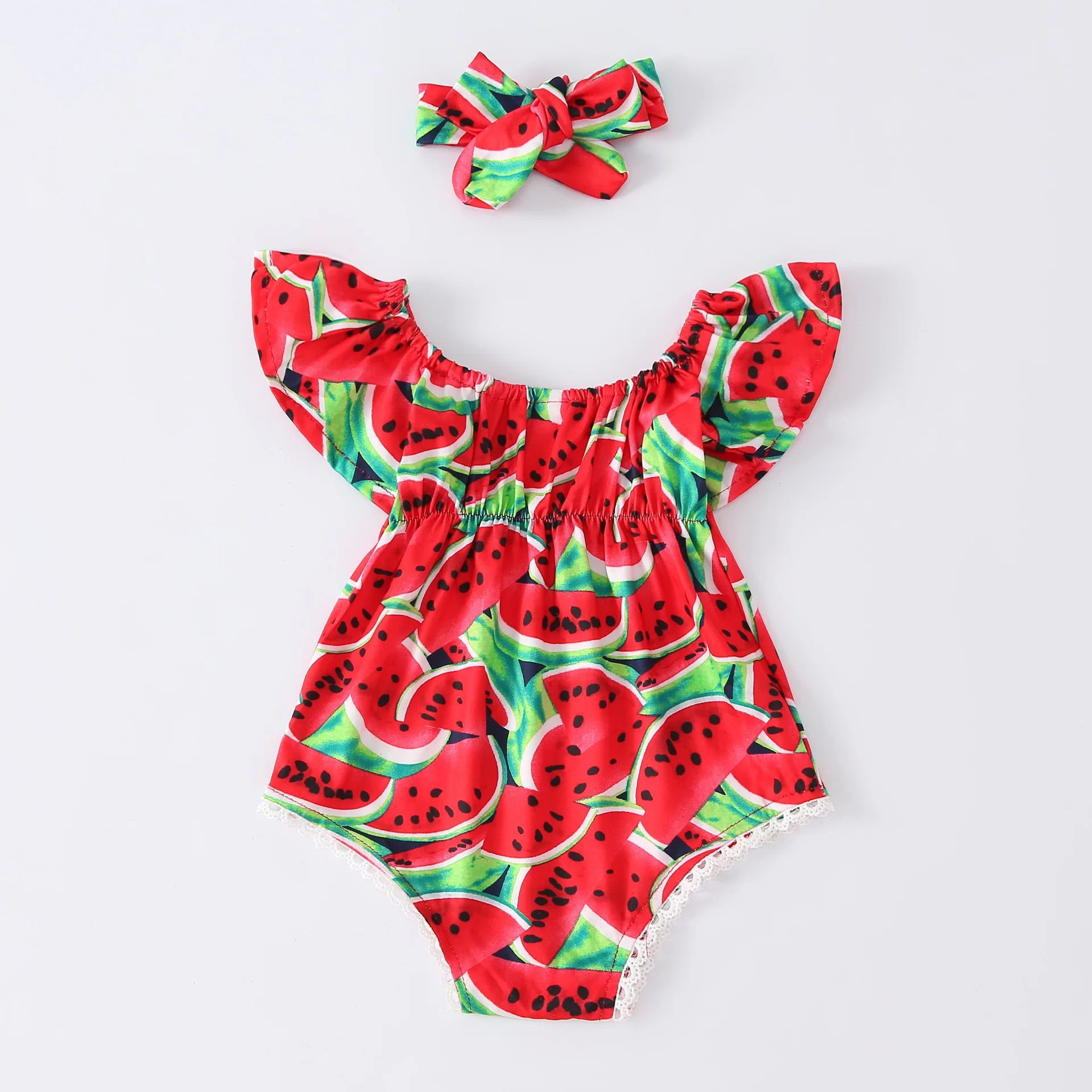 Baby Mädchen Rosa Wassermelonen-Print Strampler Säugling Rüschen-Body mit Stirnband Neugeborenen Rotes Wassermelonen-Karnevalskostüm – Detail 3